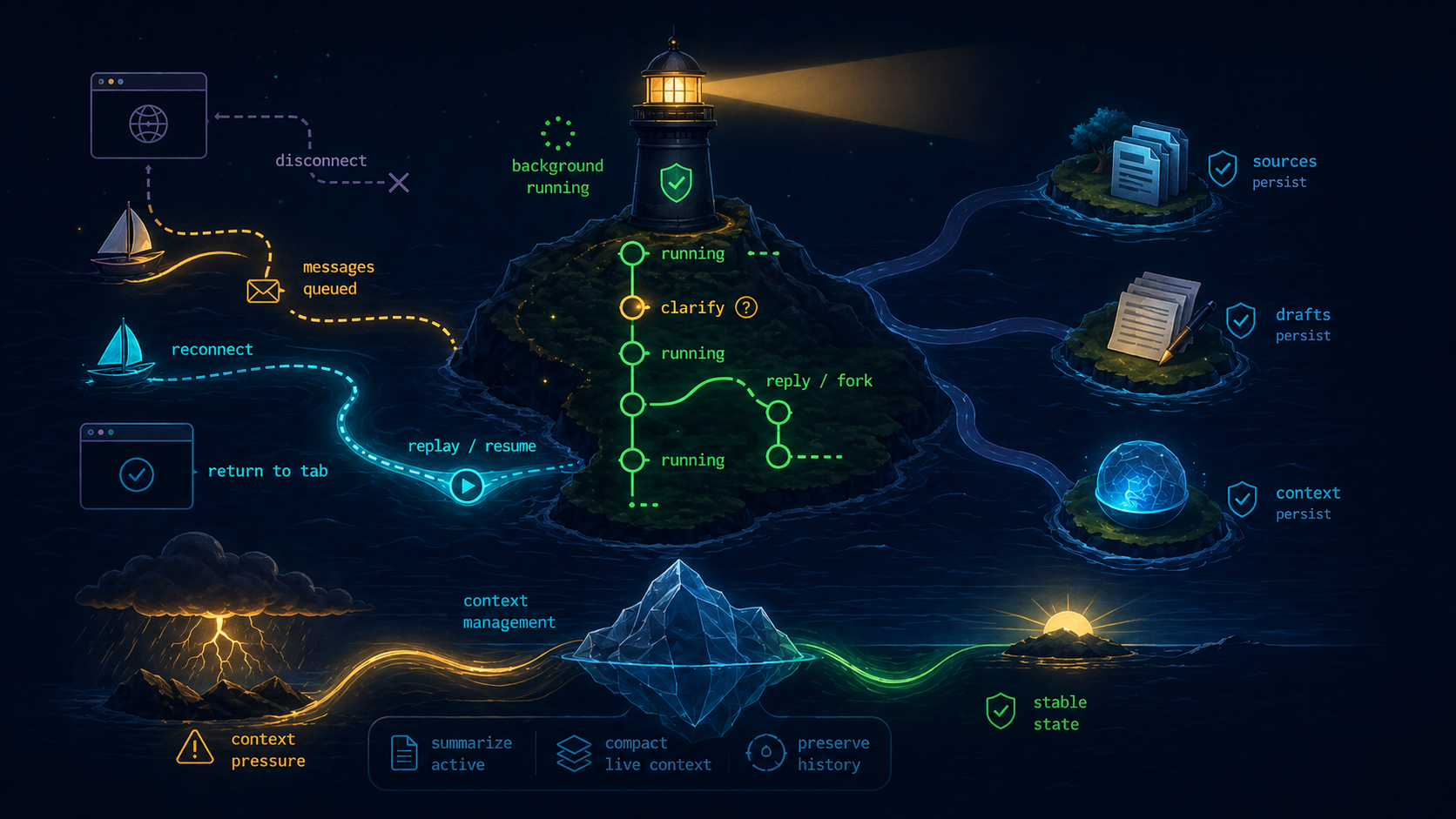 Long-running cloud agents with reconnect, replay, queued messages, forked thread, persistent sources, drafts, and context management