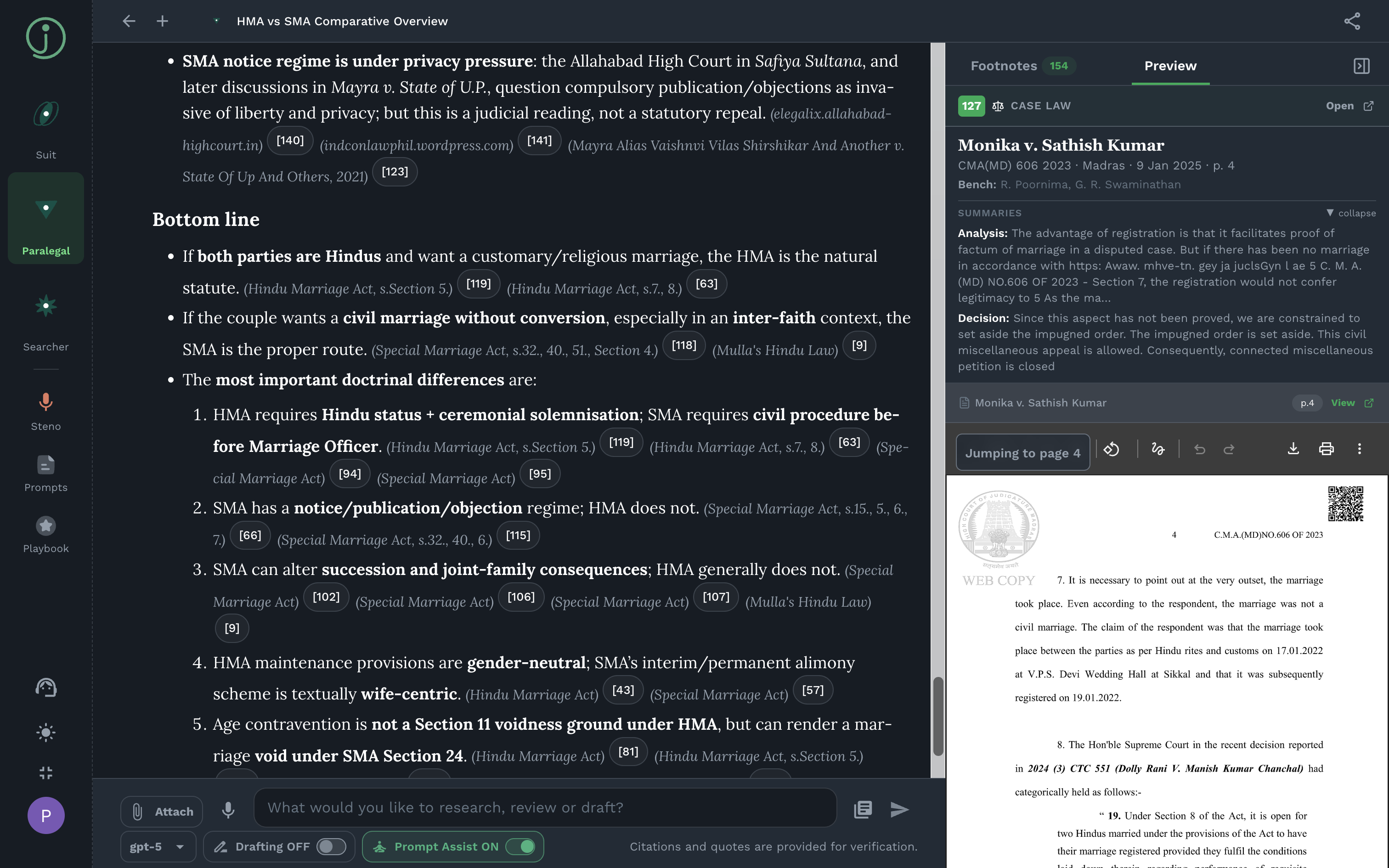 jhana Paralegal source panel showing a footnote in a research answer and a PDF preview jumped to the cited page