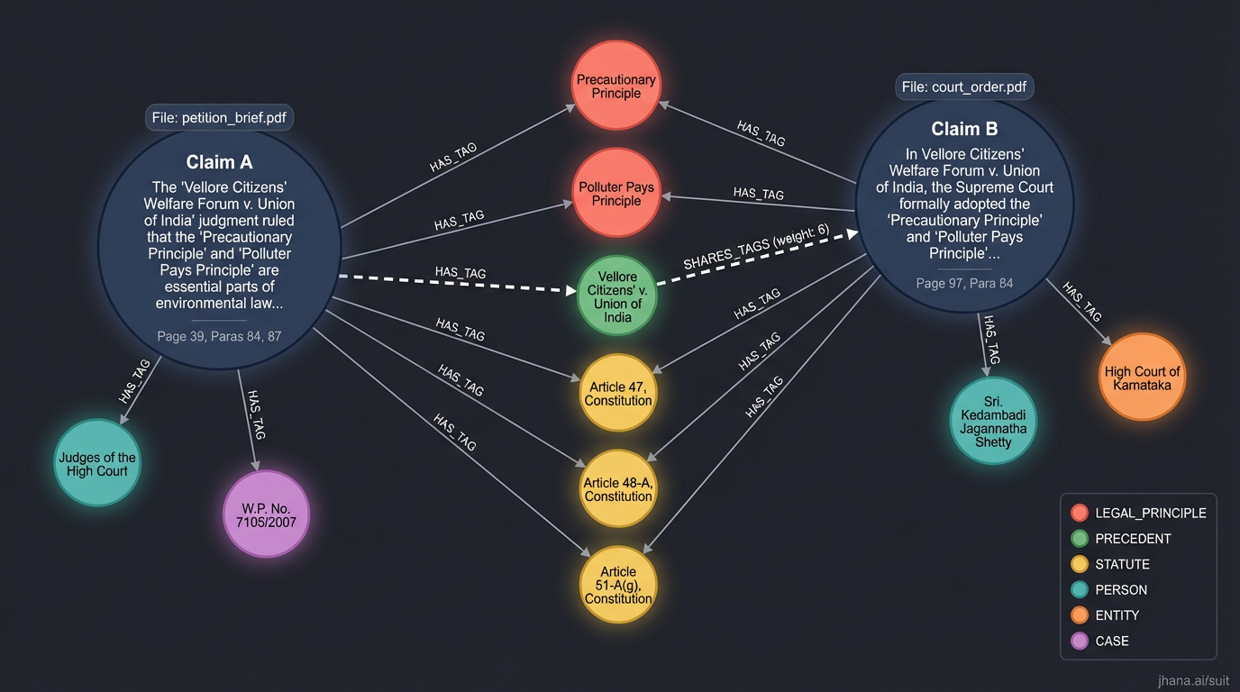 Suit knowledge graph connecting two legal claims from distinct briefs via shared precedents, statutes, and entities