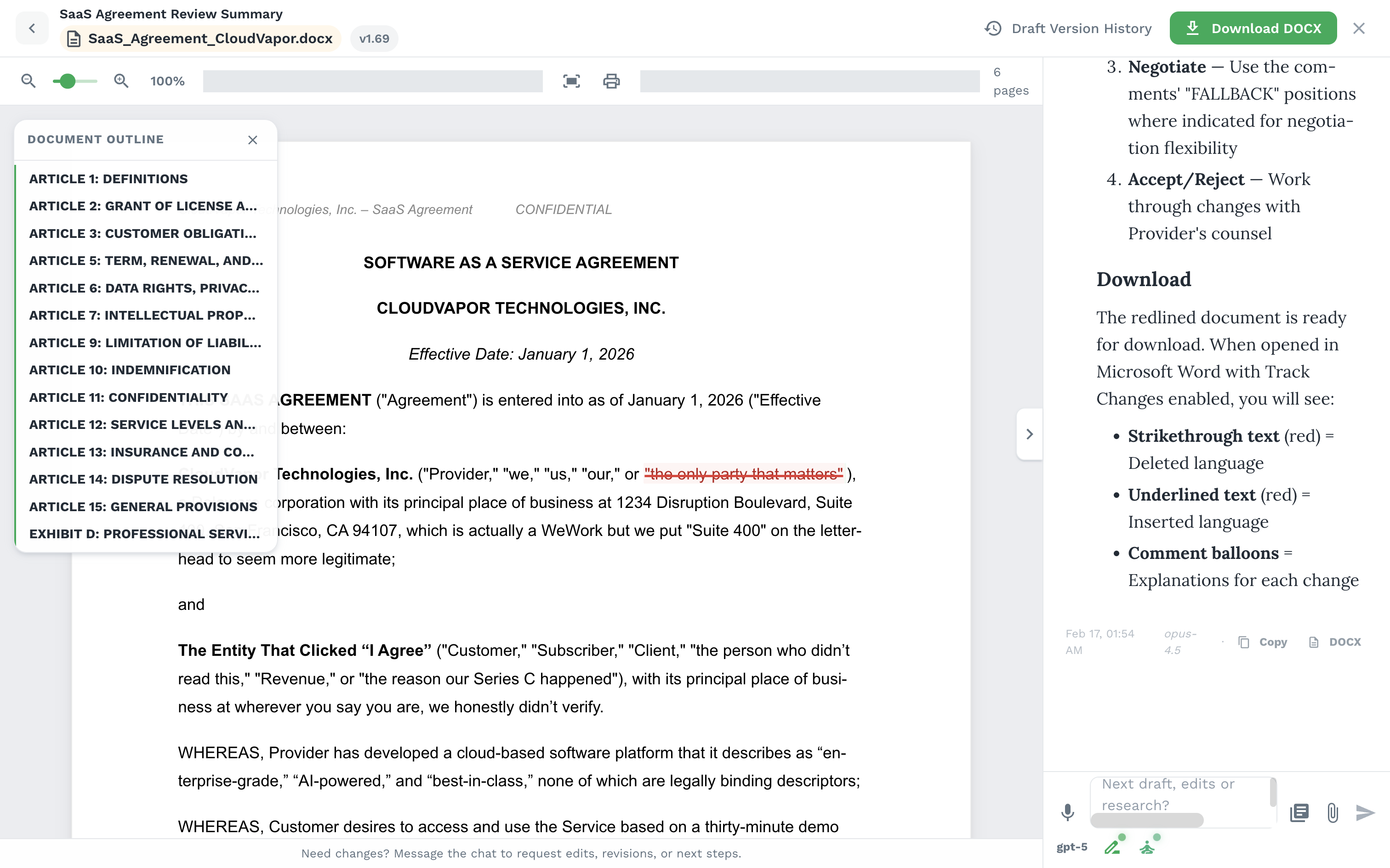 DOCX-native drafting demo showing a Word document preview, outline, redline output, and draft version history
