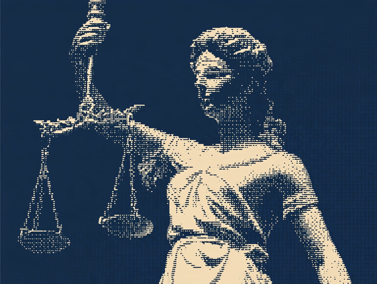 Lady Justice holding her scales, drawn in ivory characters on a deep blue ground.