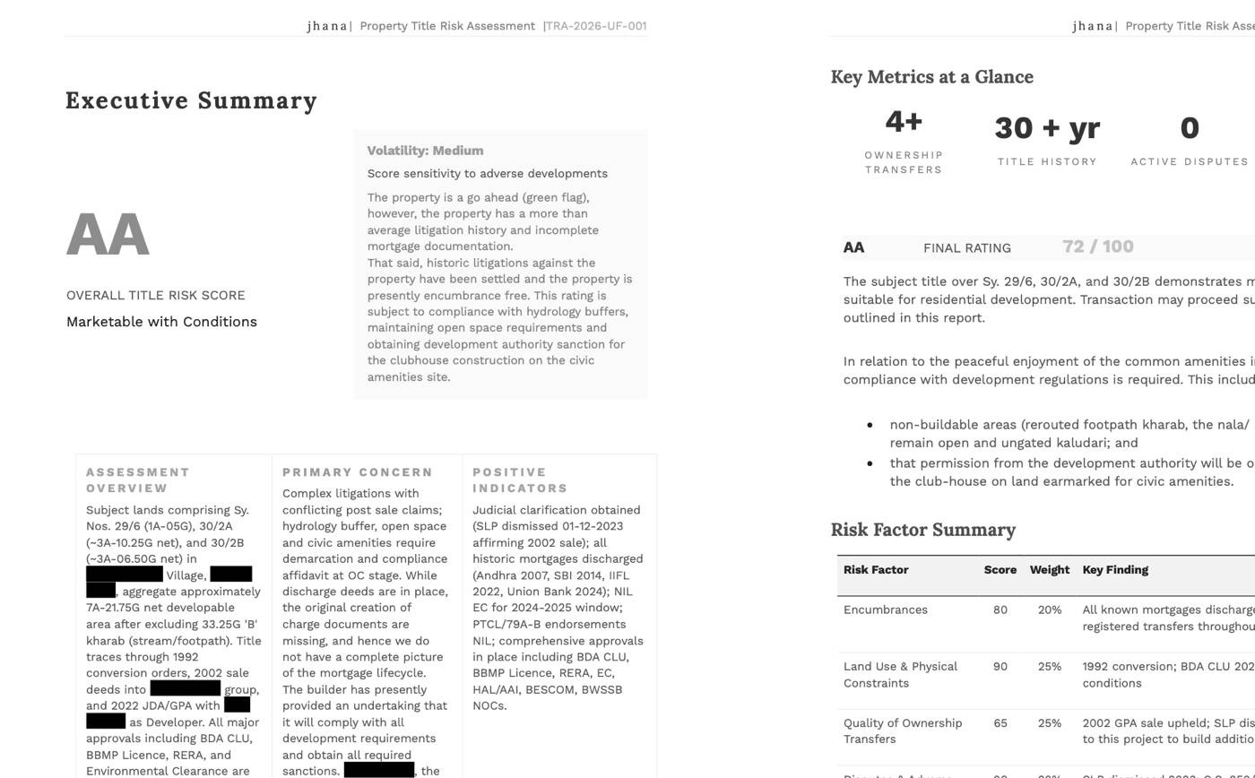 A property title-risk assessment prepared by jhana, with client details redacted.